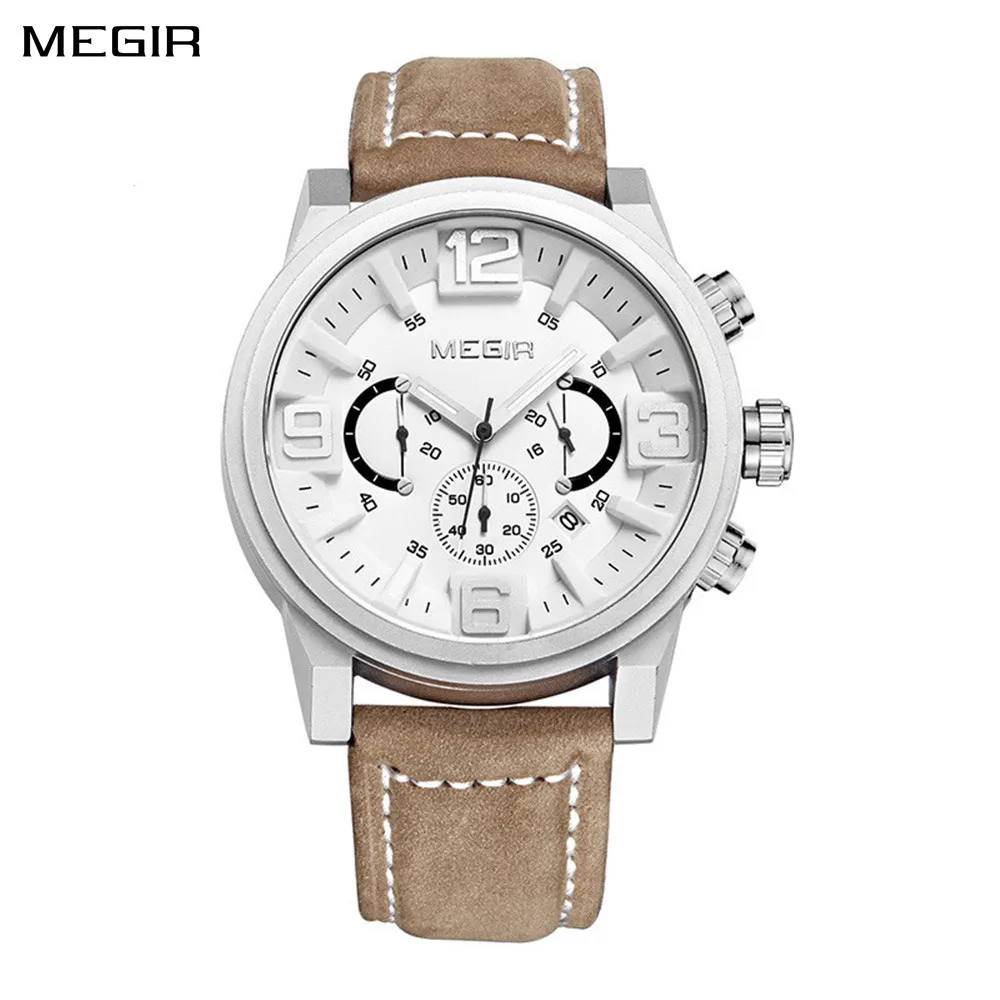 MEGIR Fashion Quartz Watches with 48mm Large Dial Luxury Leather Men Sports Wristwatch Waterproof Calendar Clock Chronograph