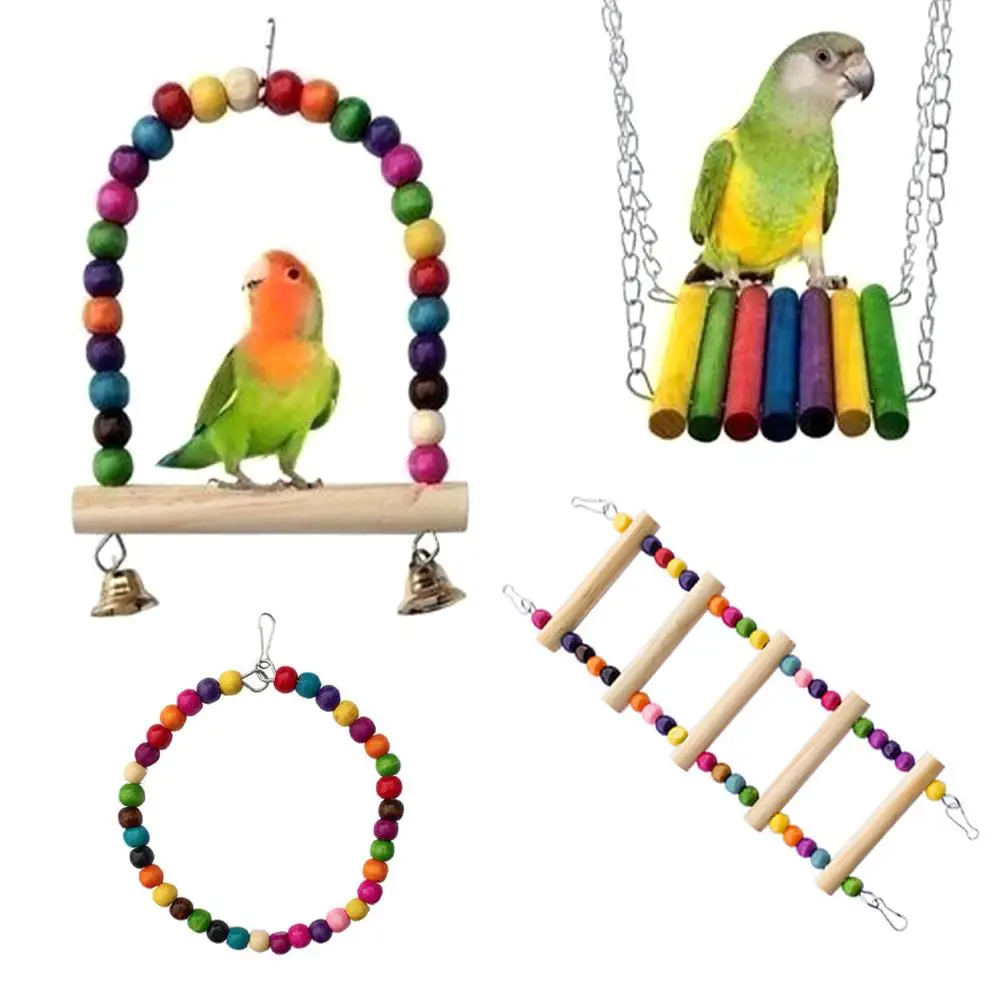 Wood Parrot Bird Chew Toy Cotton Rope Bite Bridge Birds Tearing Toys Cockatiels Training Hang Swings Cage Supplies Accessories