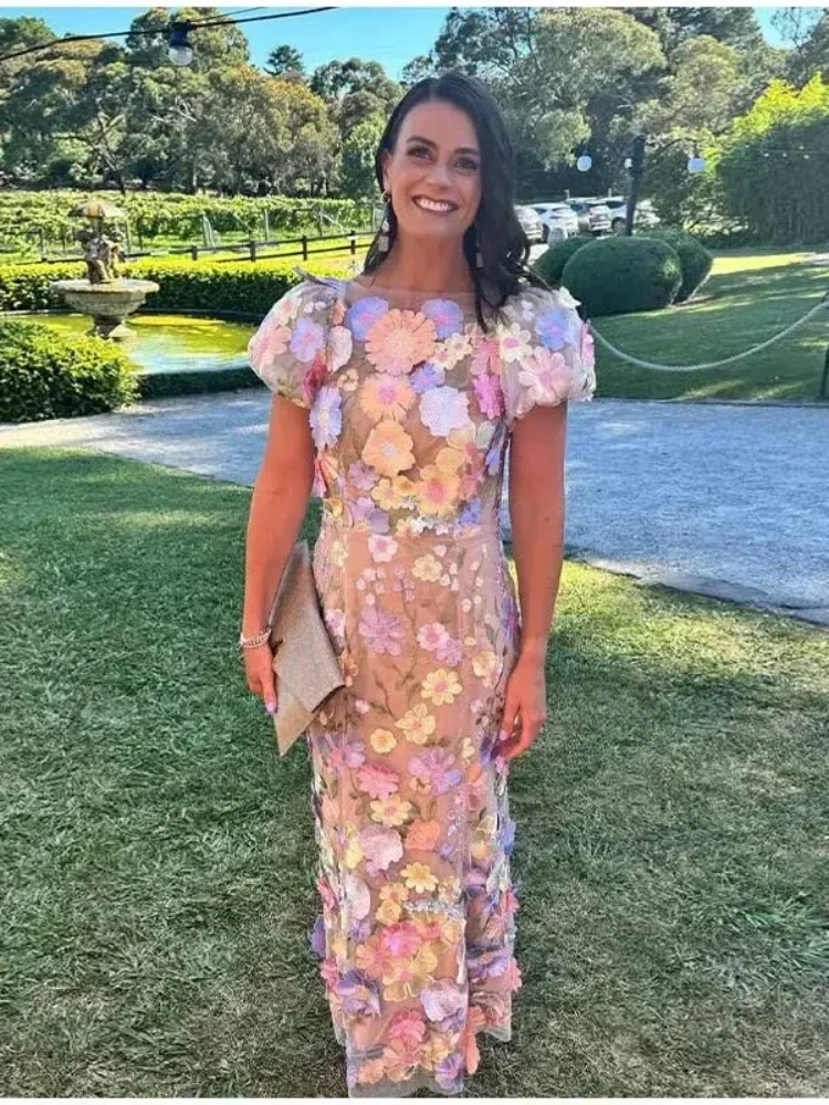 Vestido estampado bordado de flores a la moda, vestidos elegantes de cintura alta con cuello redondo y manga abombada para mujer, batas de fiesta para primavera 2024