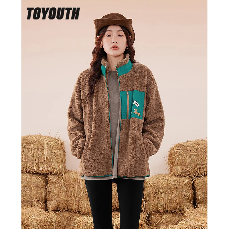 Toyouth Women Fleece Thick Coat 2022 Winter Long Sleeve Stand Collar Loose Jacket Vintage Print  Warm Casual Outwear Tops