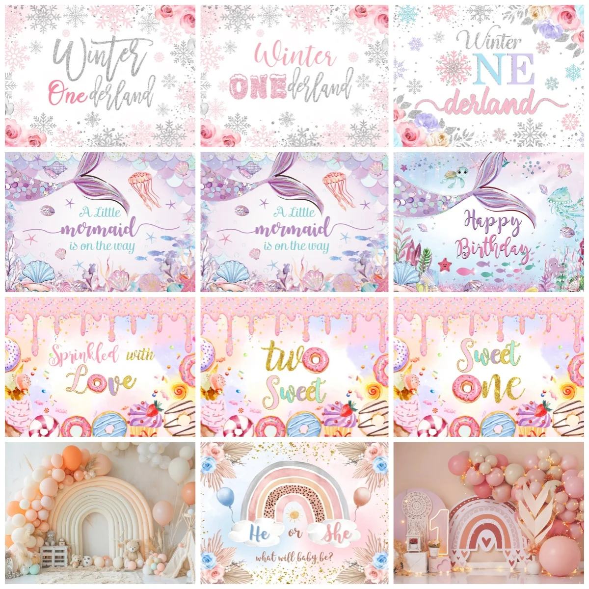 Kids Party Photography Backdrop Mermaid Rainbow Donut Decor For Baby Birthday Gender Reveal Photo Studio Background Decoration