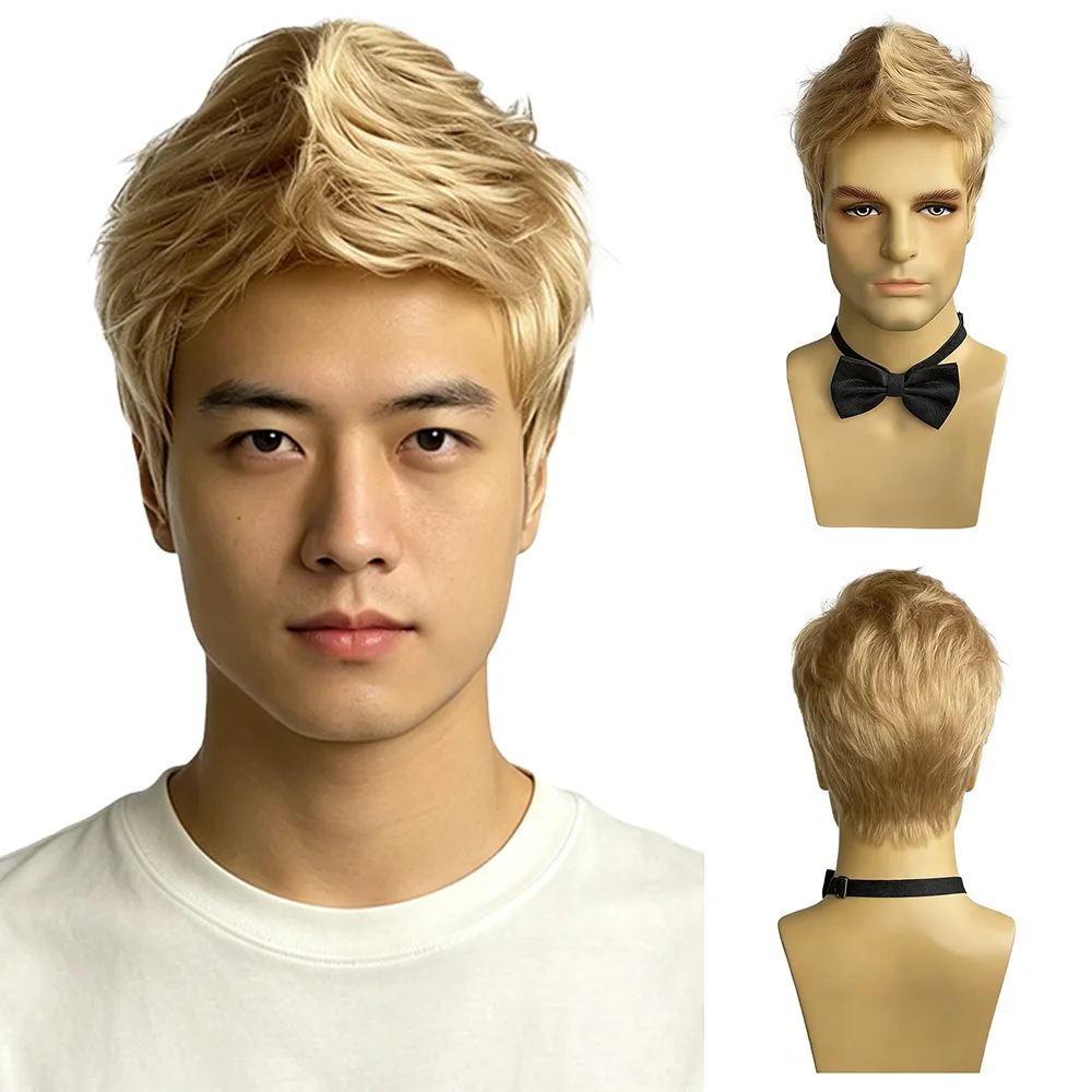 Light Blonde Men Short Wig Natural Layered Textured Synthetic Hair Male Full Head Wig Heat Resistant For Mens Daily Party Wear