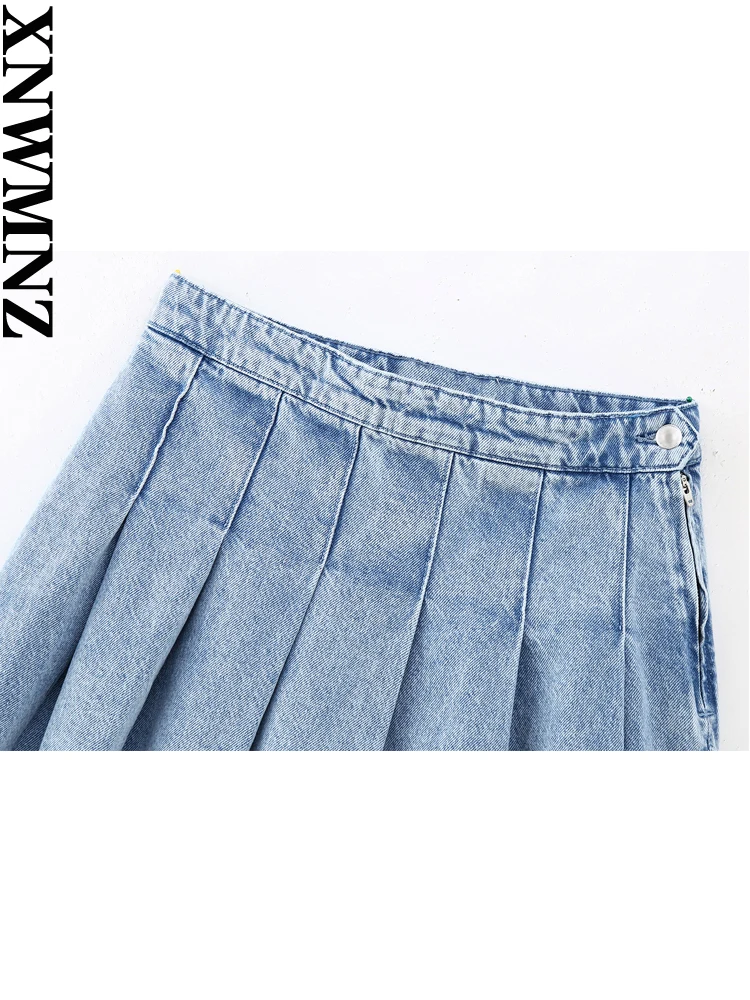 XNWMNZ 2023 Women fashion denim box pleat mini skirt woman high street high waist side zipper female chic skirt