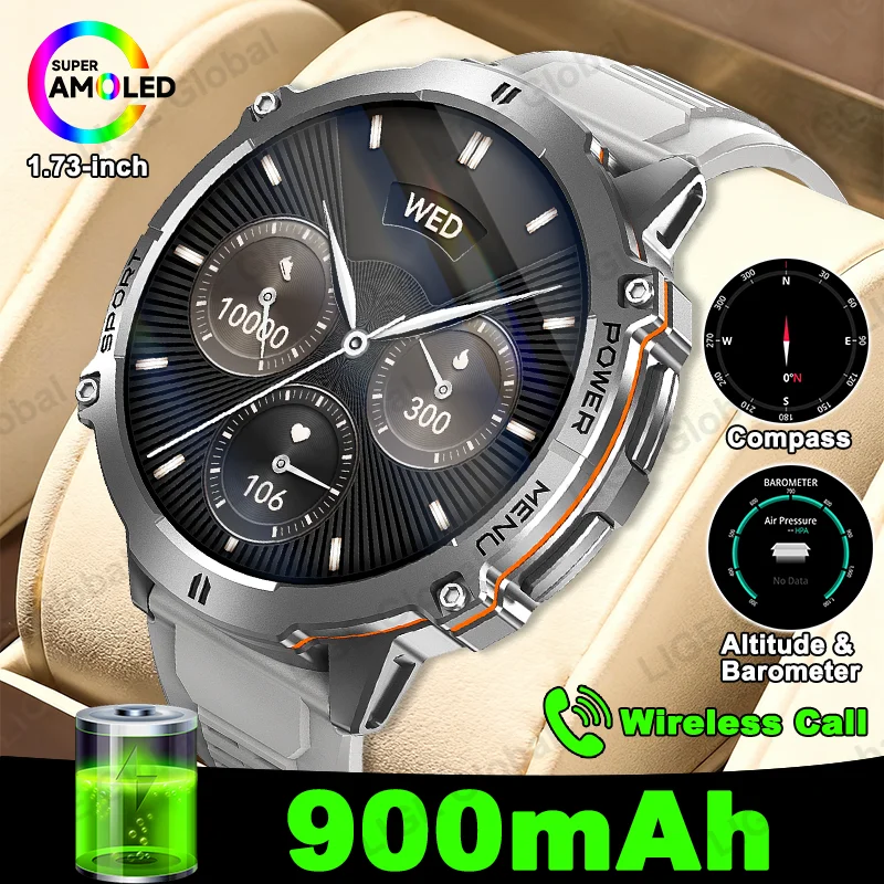 

LIGE 900mAh Super Capacity Battery Men Smart Watch Compass Barometric Altimeter 1.73" AMOLED Bluetooth Call Sports Smartwatch