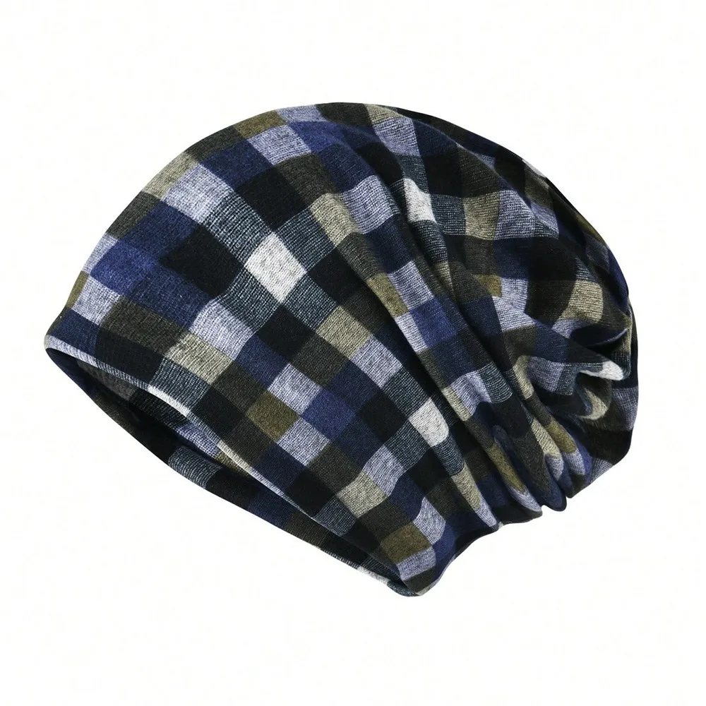 Contrasting Colors Pullover Hat Multifunctional Scarf Pullover Hat Turban Hats Plaid Print Casual Hedging Cap Autumn and Winter