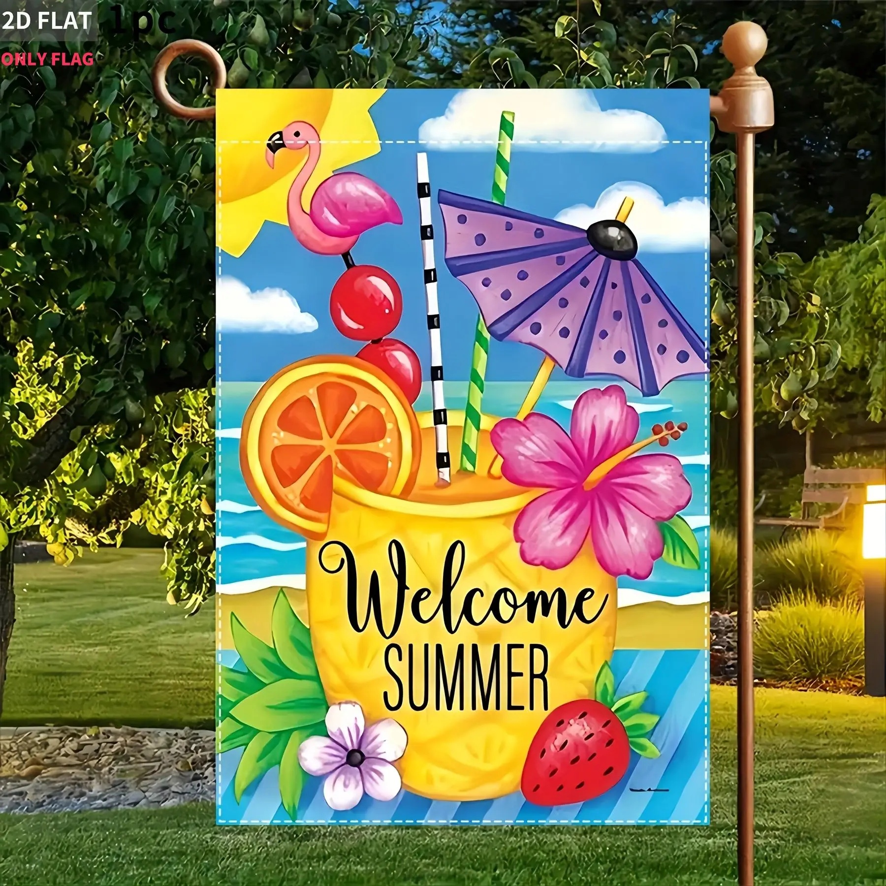 

2D FLAT 1pc Double-Sided garden flag Welcome Summer Tropical Drink Scene 28x40 Inch Polyester fabric, Perfect for Patio, Garden,