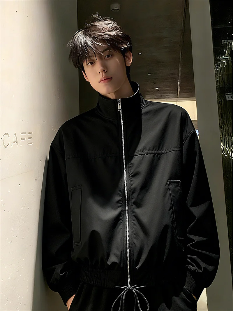 Black Cleanfit Short  Jacket Men's Autumn Winter Stylish Stand Collar Workwear Baseball Outfit Windproof Polyester Nylon...