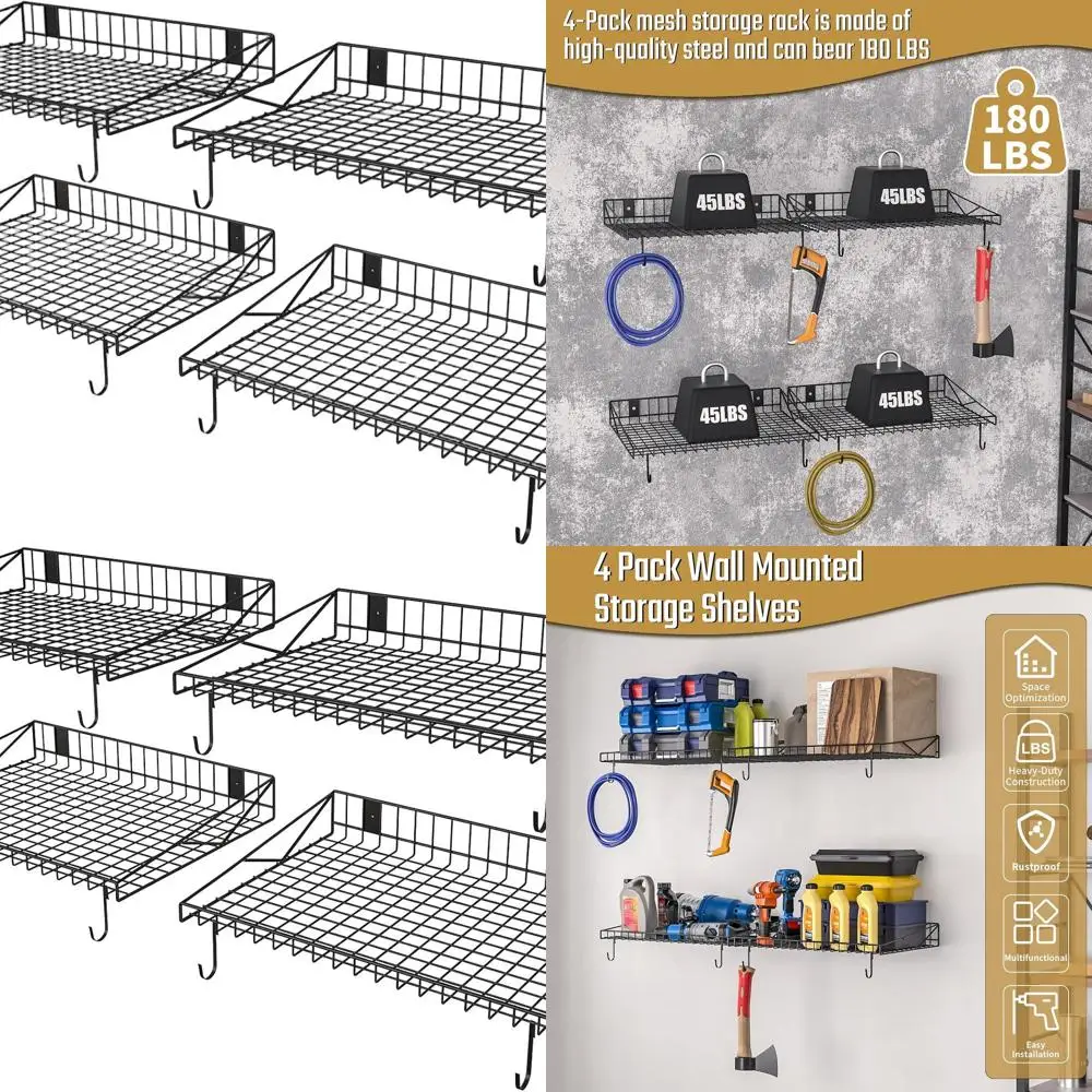 

Durable 4-Tier Garage Wall Shelf with Hooks, 180lbs Capacity, Black Mesh Storage Rack for Home and Office