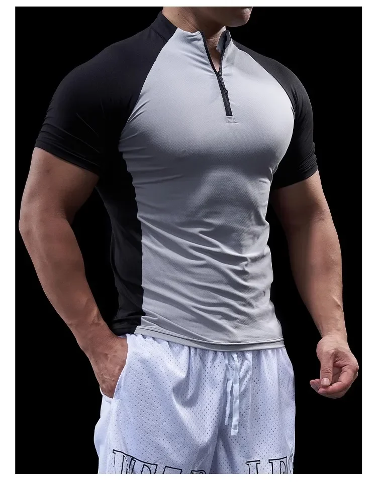 Men Compression Running Zipper Polo T Shirt Fitness Tight Sport Tshirt Training Jogging Shirts Gym Elastic Quick Dry Rashgard