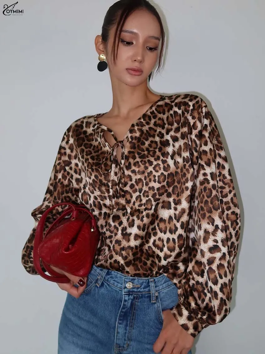 Oymimi Fashion Brown Print Women's Blouse Elegant V-Neck Long Sleeve Lace-Up Blouses Casual New Button Loose Blouses Streetwear