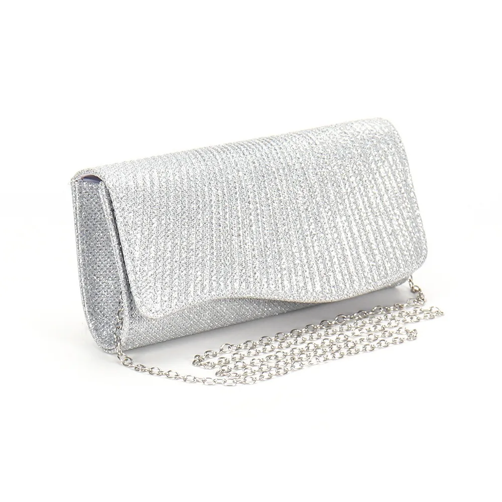 

New Shiny Glitter Handbag Clutch Silver Color Envelope Evening Bag Elegant Chain Shoulder Long Purse for Wedding Party