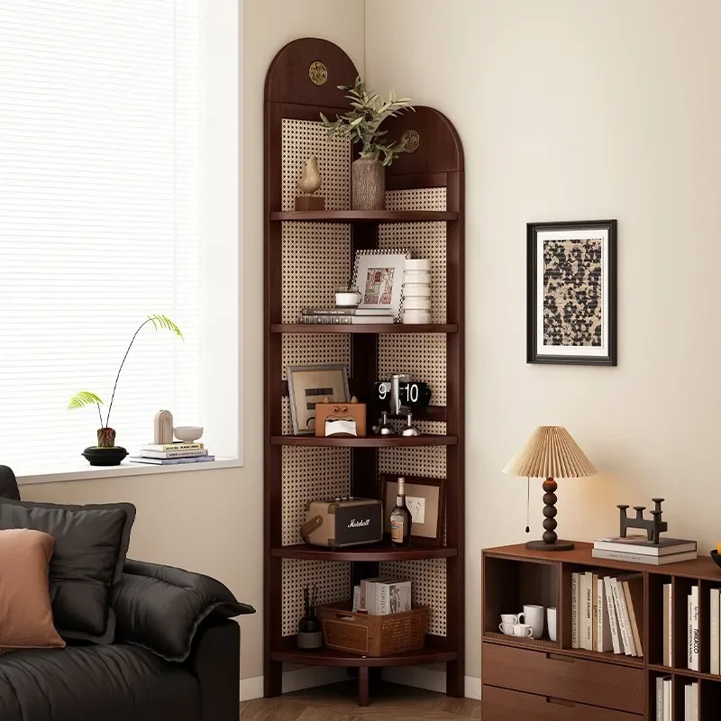For Mid-Century Rattan Corner Shelf, L-Shaped Storage Cabinet for Wall, 90° Triangle Organizer with Multiple Tiers