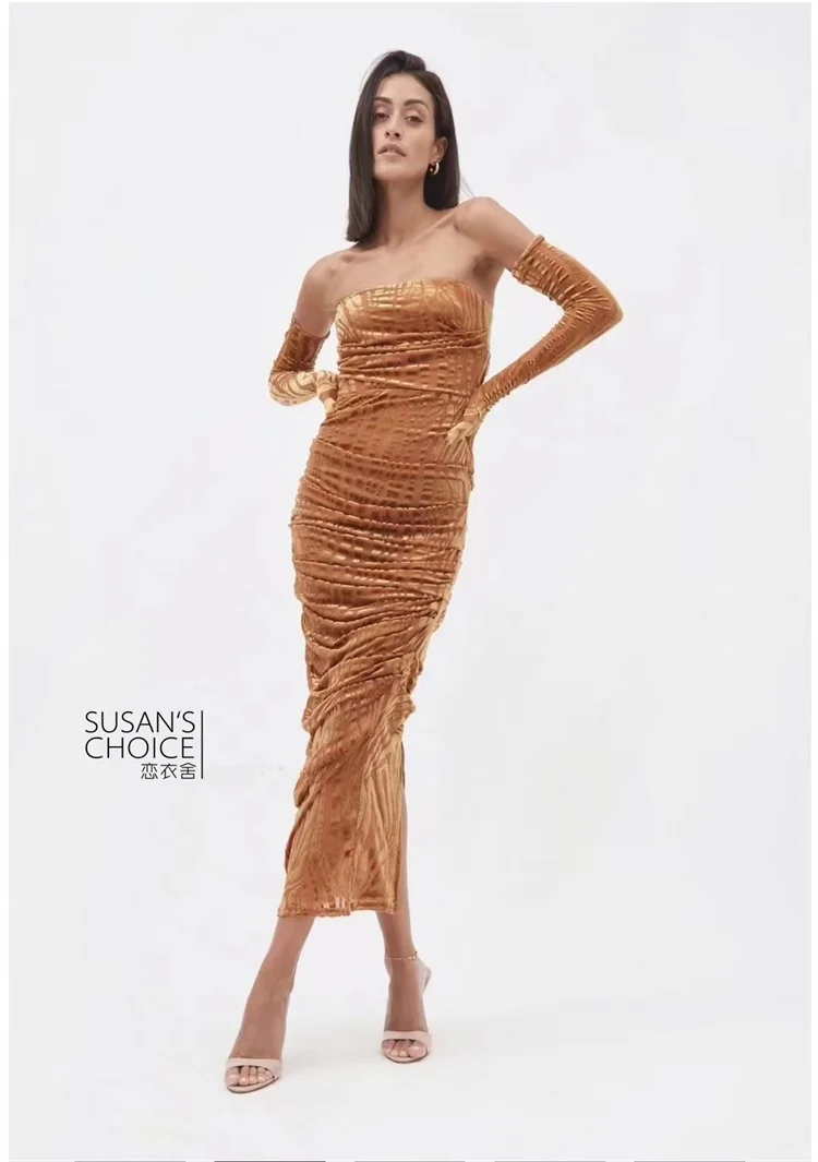 Susan Original ZP Sexy Bruin Fluwelen Bodycon Dr Handschoenen Dames Lange Sve Lente Zomer Pure Kleur Woon-werkverkeer