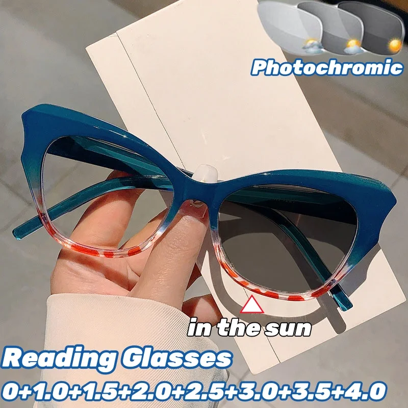

Vintage Large Frame Photochromic Reading Glasses Women's Fashion Cat Eye Gradient Color Anti Blue Light Far Sight Sun Glasses