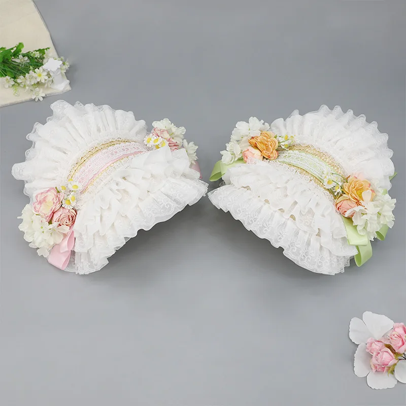 New French Rural Style Lolita Straw Hat Ribbon Bow with Strap Ribbon Flower Beach Hat Hair Accessories Ruffle Lace Flat Top Hat