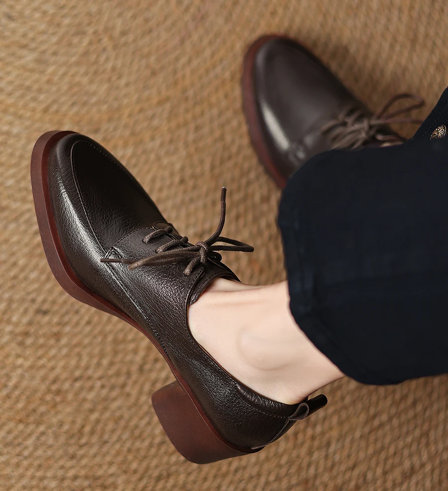 EAGSITY Cow leather brown oxford pointed toe shoes womens shoes brogue casual lace up darby shoes outdoor retro sneaker