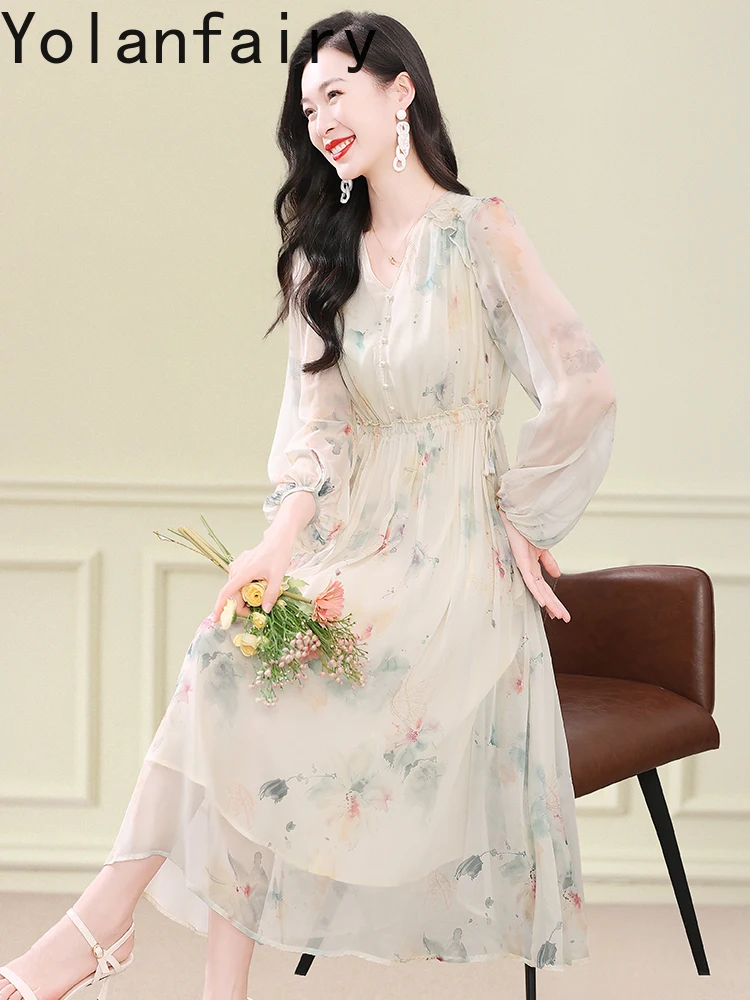 YOLANFAIRY Real Silk Dress Women Early Autumn Elegant Floral Print Dresses 100% Mulberry Silk V-neck Cinched Waist Dress Fashion