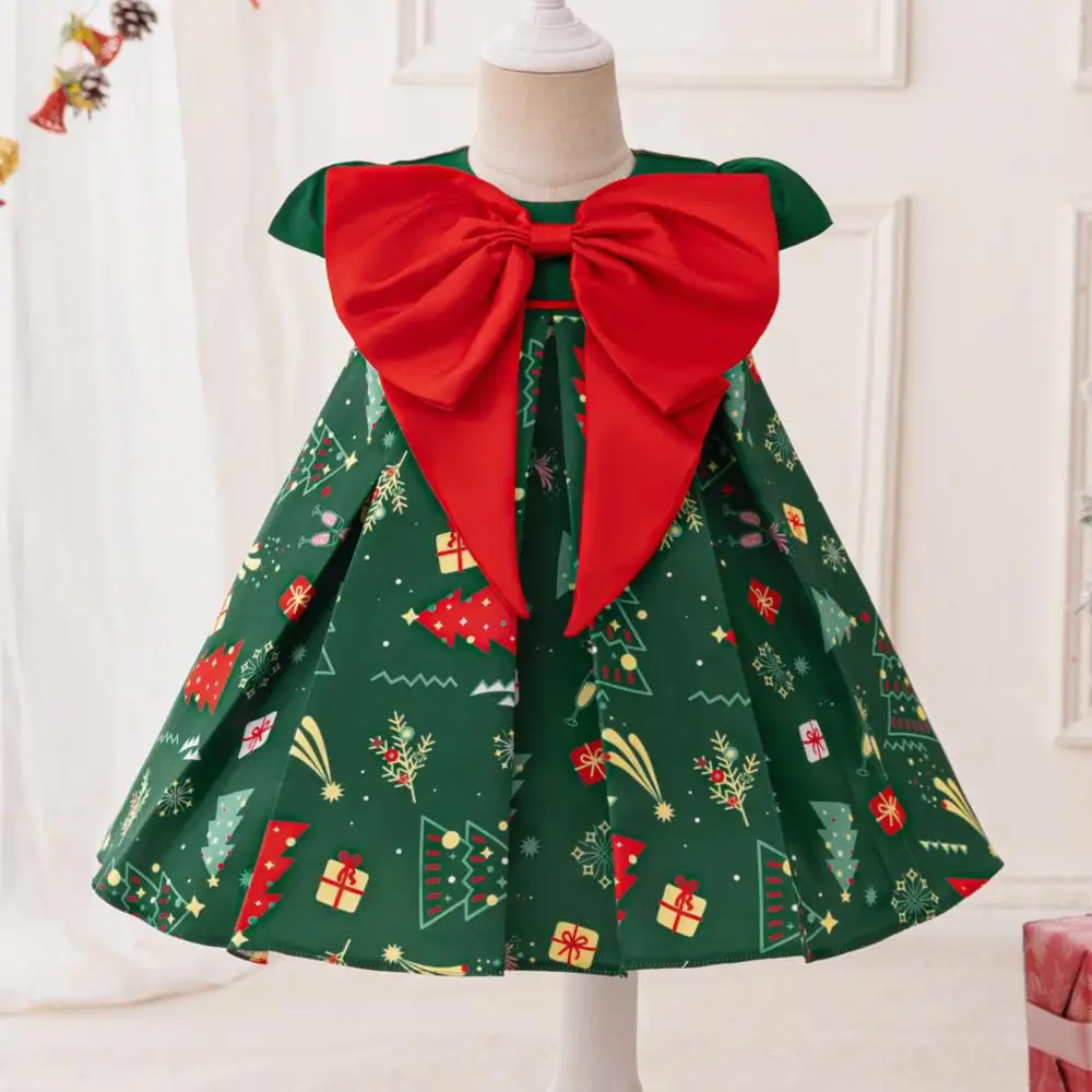 

Christmas Dress Christmas Tree Little Flying Sleeve Princess Dress Cartoon Printed Dress Red Big Bow Color Blocked Dress