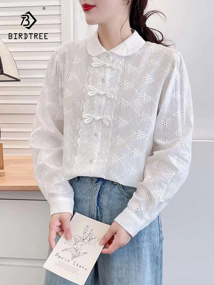 

New 2025 Autumn Long Sleeve Cotton Shirt, Women Turn-down Collar Embroidery, Mori Girl Age Reduction Bow Loose Blouse T59027CC