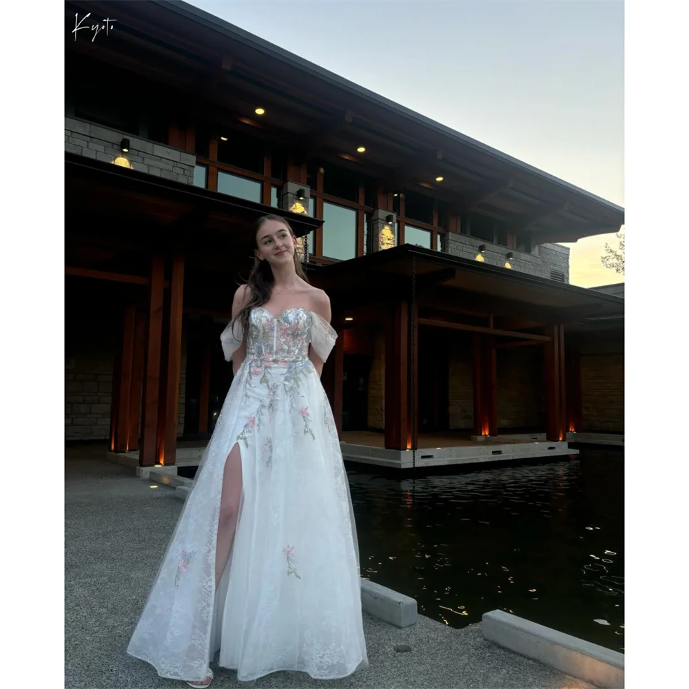 

Kyoto Customize White Lace Flower Embroidery Wedding Dress Side Slit Pleats vestidos de novia A-Line Floor-Length Formal Evening