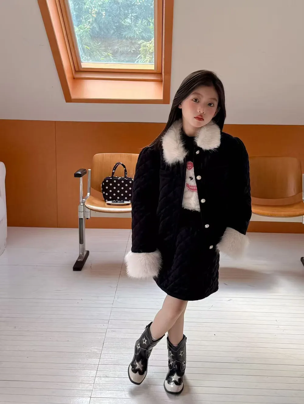 3-12Y Children's Set Autumn and Winter New Fashion Big Fur Collar Small Fragrance Style Girl's Jacket+short Skirt Two-piece Set