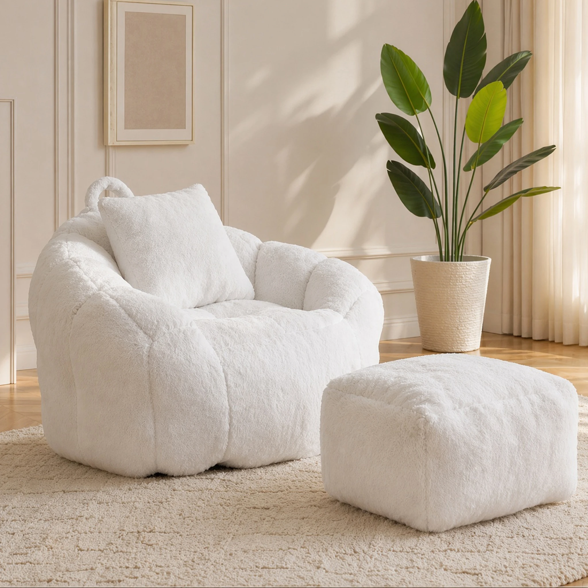 Bean Bag Chair with Ottoman, Comfy Bean Bag Chairs with Memory Foam Filled, Fluffy Beanbag Sofa with Dutch Velvet Cover, Teardrop BeanBag Chairs for Living Room, Playroom