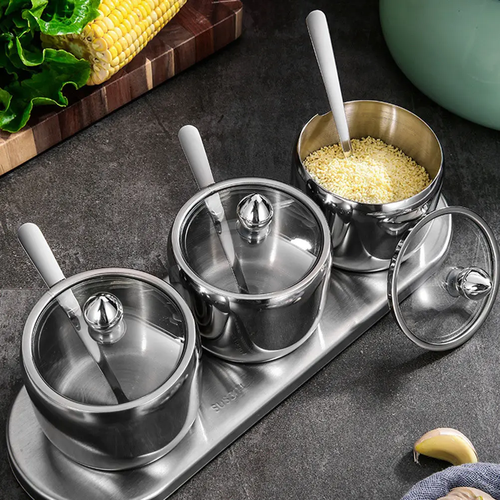 Stainless Steel Seasoning Jar Kitchen Canister Multifunction Spice Storage Container 3 Jars Base Perfect Range Cooktop Accessory