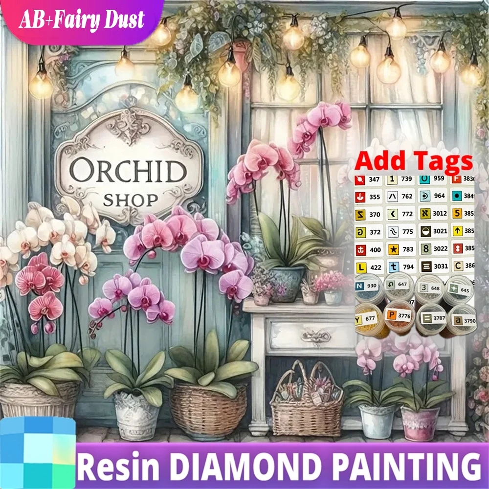 

Resin AB Fairy Dust New Arrival Diamond Embroidery Orchid Shop Landscape Full Square Round Mosaic House Kits Painting DIY Child