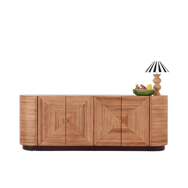 Modern luxury wood-framed four-door walnut-colored side cabinet for restaurant use
