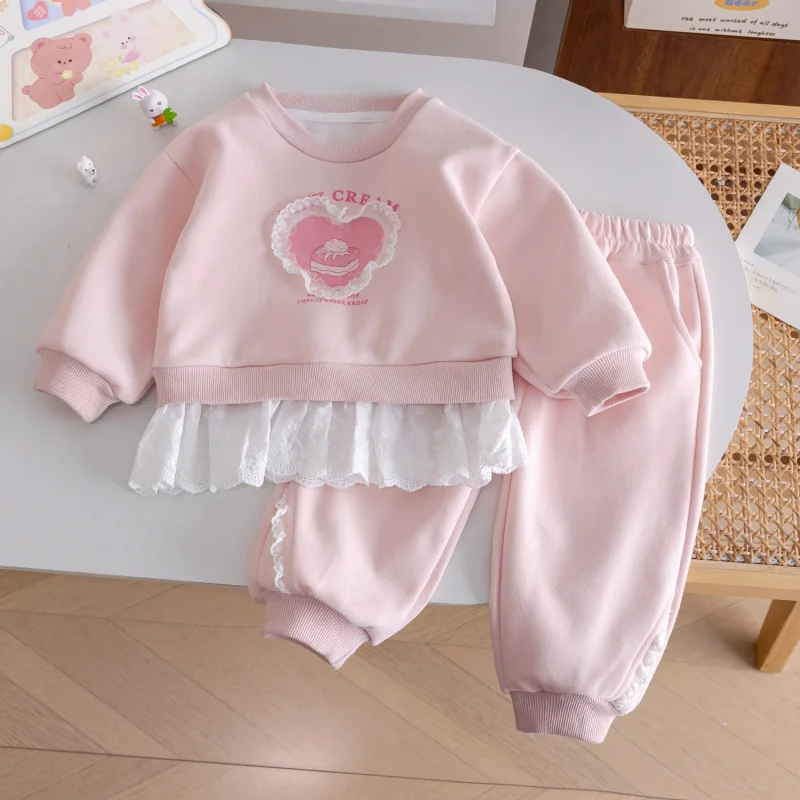 Girls Suit25Autumn New Style Girl Baby Patchwork Lace Sweatshirt Casual Jogger Sweatpants Fashionable Two-Piece Set