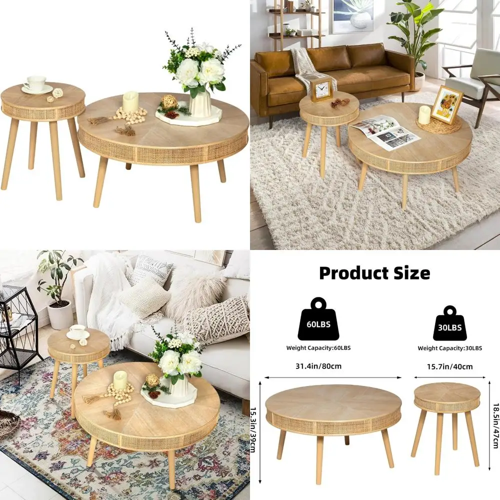

Rustic 2-Piece Farmhouse Coffee Table Set, Modern Sofa Side Tables with Solid Wood and Rattan Accents