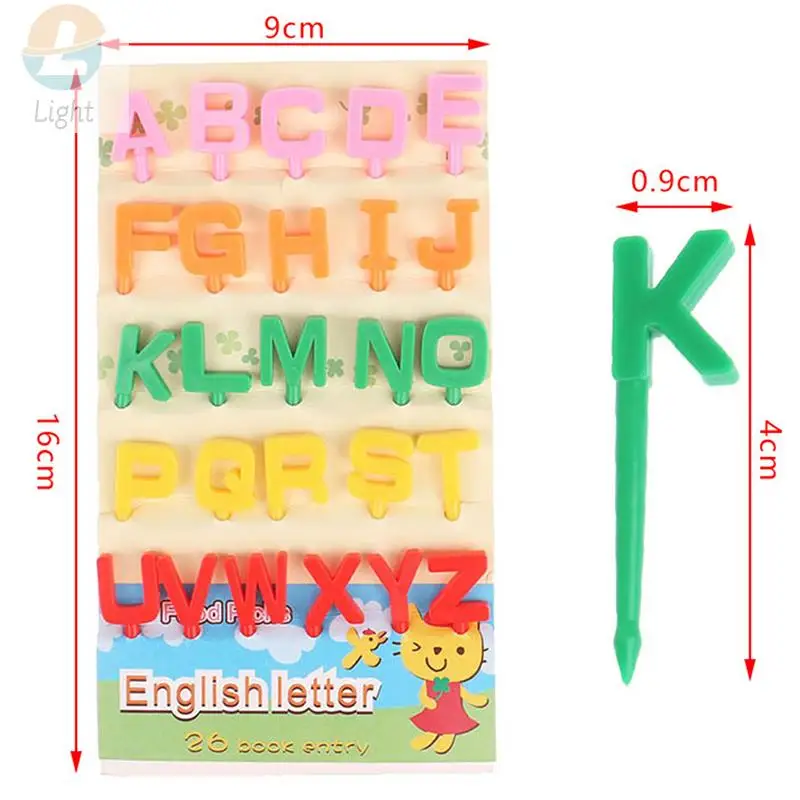 26 قطعة/المجموعة الكرتون الأبجدية الفاكهة شوكة البلاستيك شوكة صغيرة الحلو الفم شوكة لطيف المحمولة الفاكهة مسواك كعكة الشوك