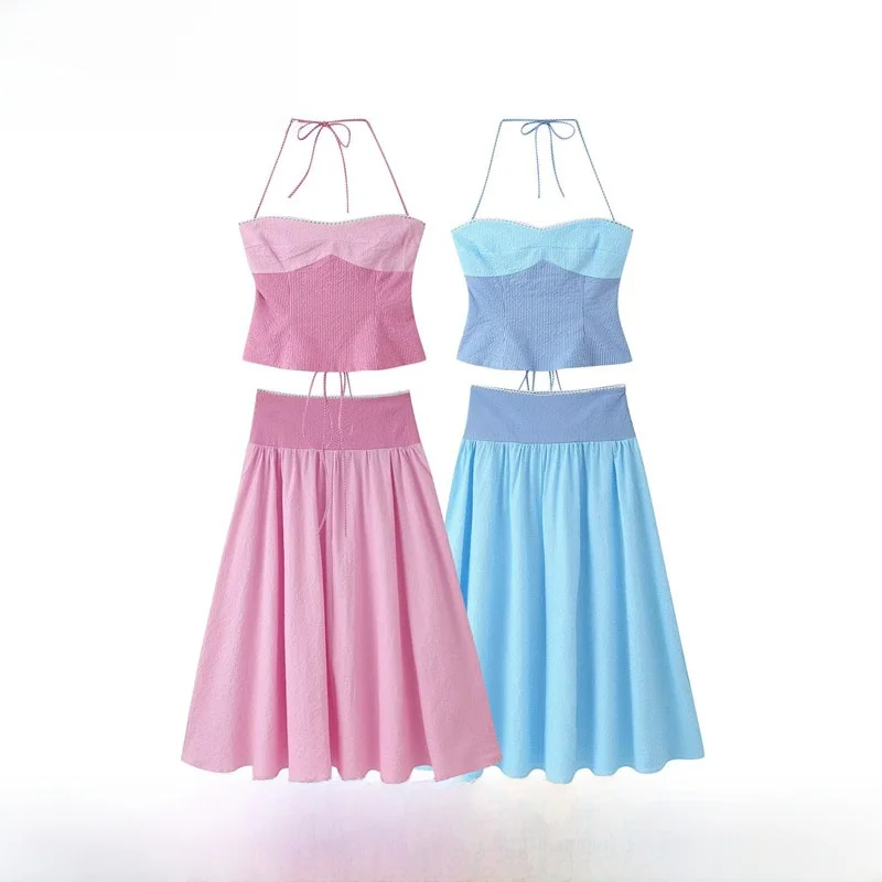 

Fashionable Color Block Halter Neck Strap Women's Top Skirt Set Spring Summer New Arrival Slim Fit Short Sleeveless Two-Piece