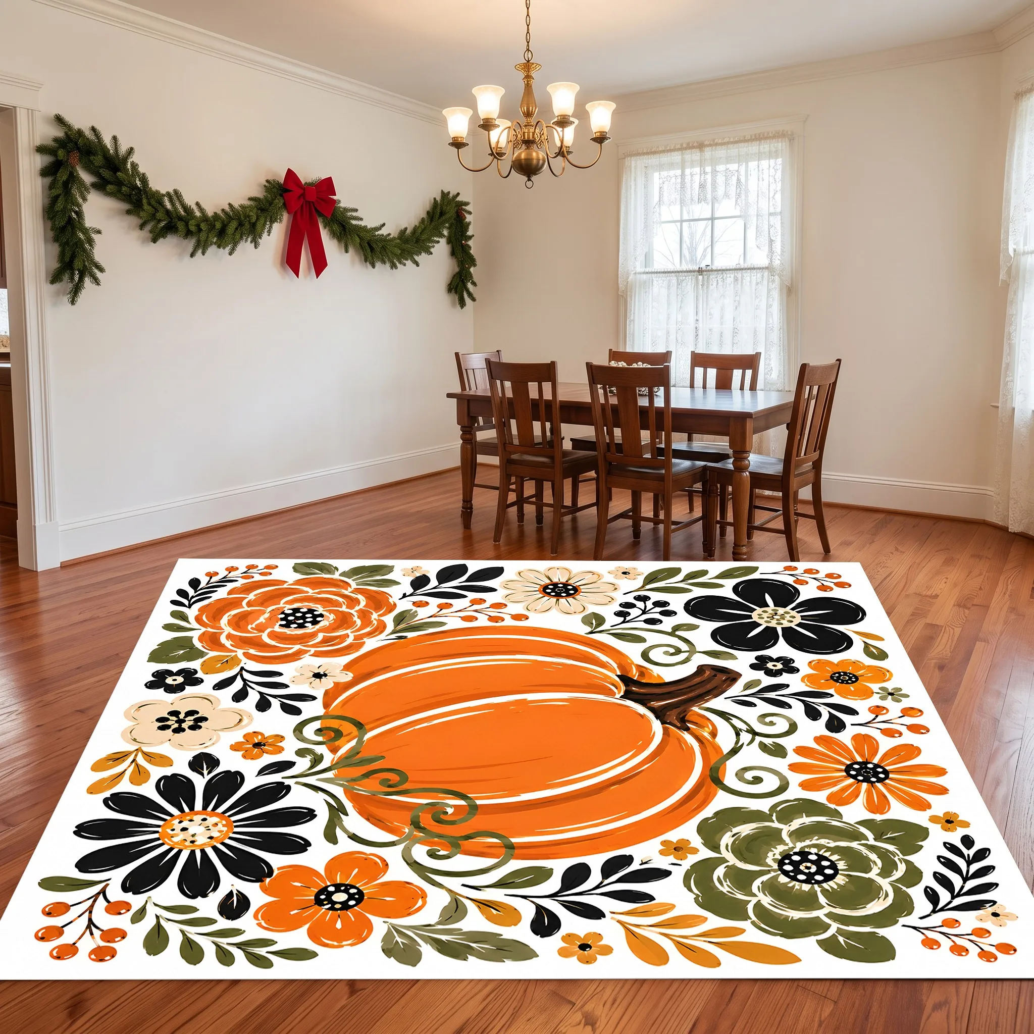 Hand-Painted Warm Orange Pumpkin Flowers Retro Pastoral Thanksgiving Velvet Rug for Entryway, Living Room and Bedroom, Healing