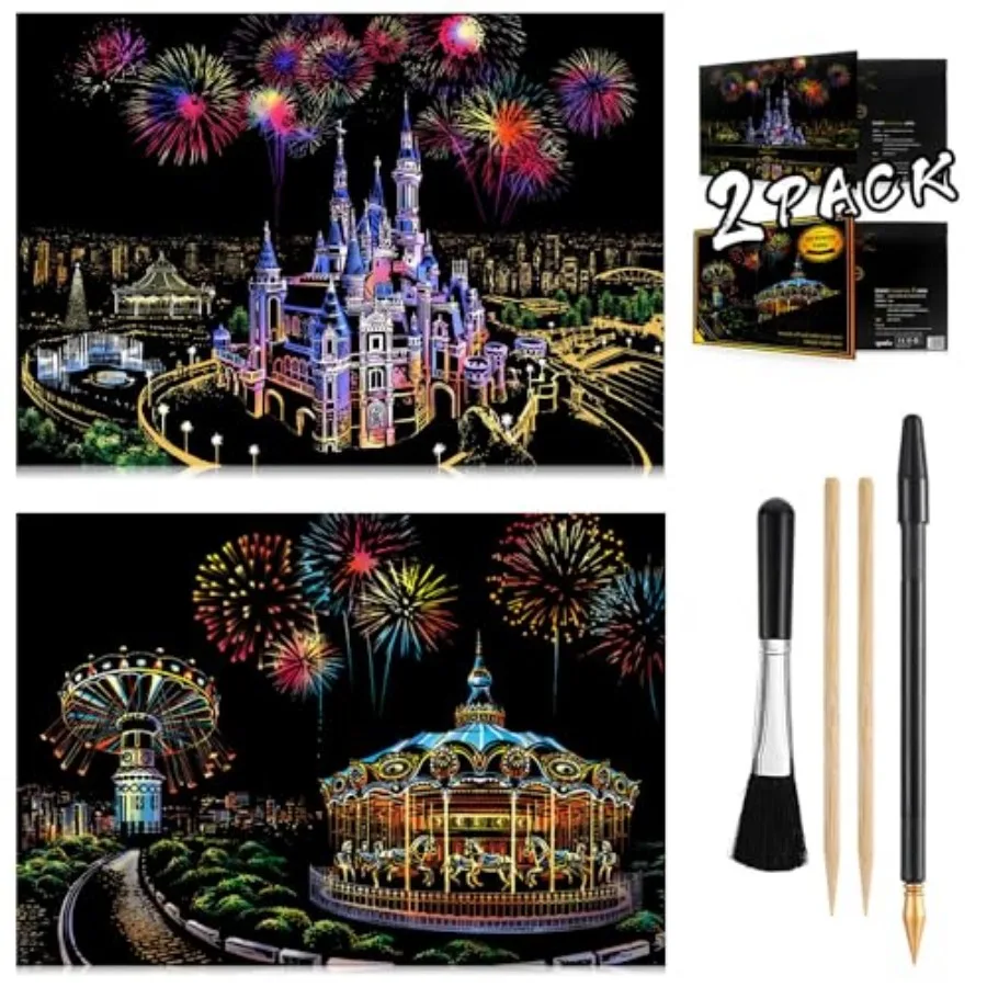 Scratch Art Rainbow Painting Paper 16'' x 11.2'' Sketch Pad Night View Scratchboard for Teens and Adults, Engraving and Craft S