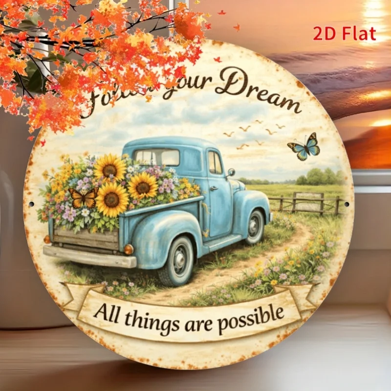 2D Flat - Decorative Sign 2D Flat - 1pc 2D Flat 20X20 Cm Metal Decorative Painting - Vintage Truck Sunflower Inspirational Theme