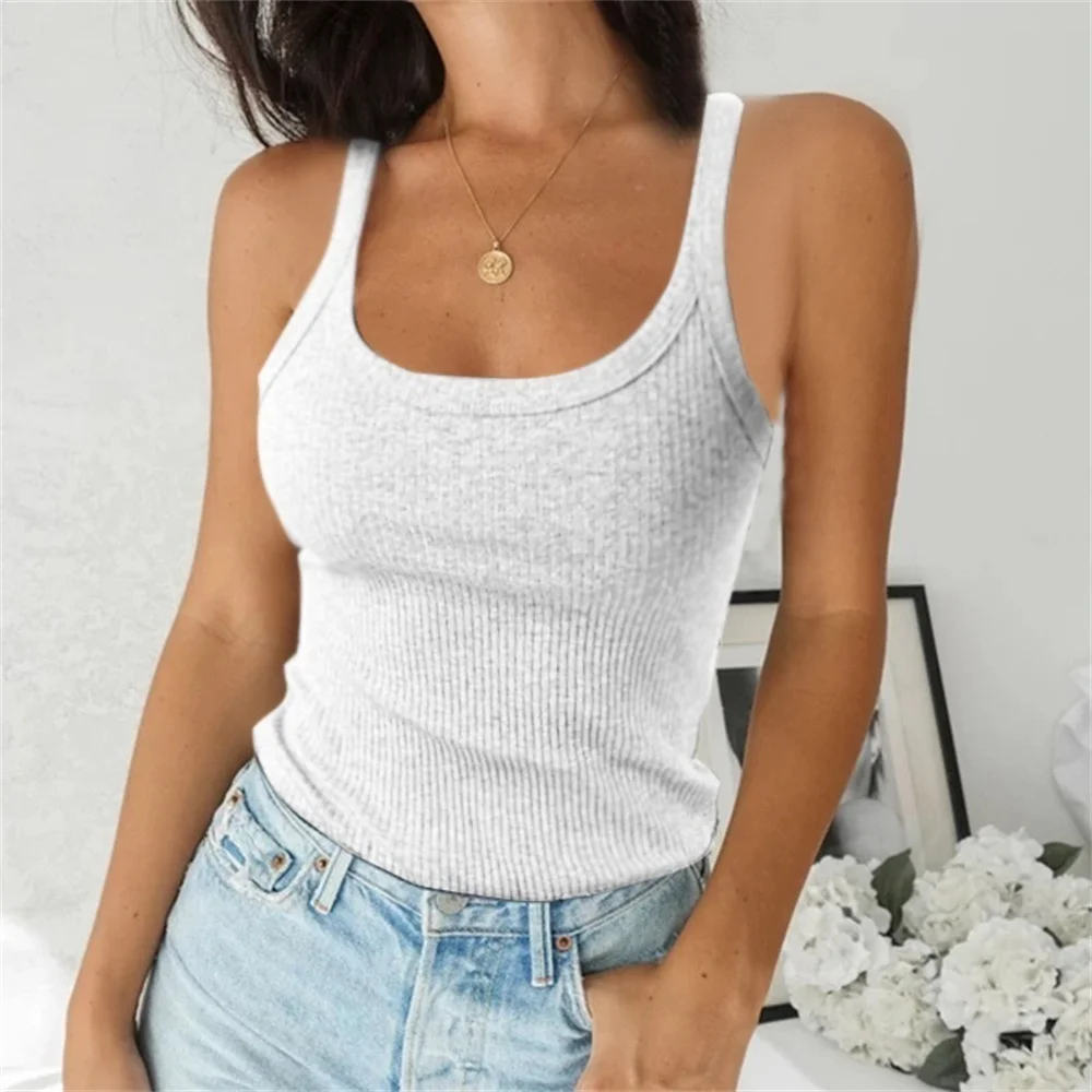 Womens Sexy Plain Shoulder Strappy Summer Crew Neck Vest Tops Ladies Stretchy Elastic Casual Tank T-Shirt Large Size Camisole