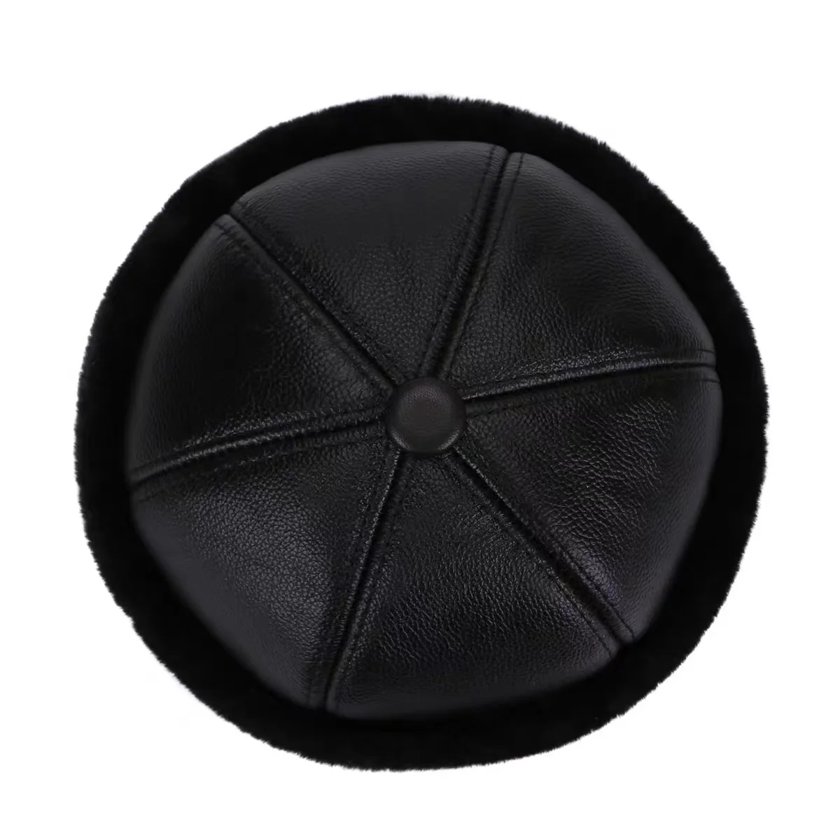 Leather Bone Hat For Men Winer Genuine Cowhide Thick Faux Fur Lining Landlord Skull Caps Ourdoor Windproof Warm Docker Yarmulke