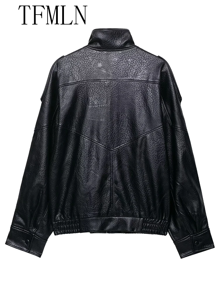 เสื้อแจ็คเก็ตหนังเทียมทรงหลวมสำหรับผู้หญิง ฤดูหนาว ปี 2025 แบรนด์ TFMLN คอตั้ง แขนยาว แฟชั่น ซิปหนา อุ่นสบาย สไตล์ไฮสตรีท