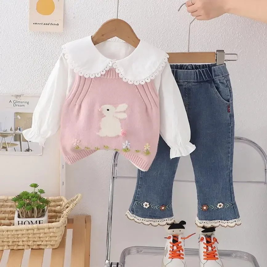 Baby Designer Girls Clothes Outfits Spring Autumn Cartoon Rabbite Knitted Vests+Shirts+Pants 3Pcs Children Suits Kids Bebe Sets