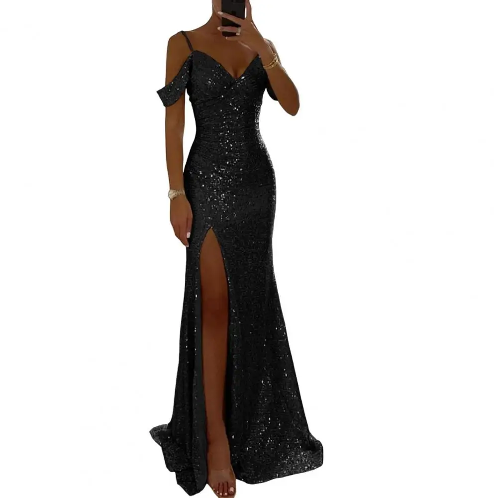 Sukienka wieczorowa Lady V Neck Side Slit Floor Length Sequin Ball Gown Sleeveless Slim Fit Prom Wedding Party Banquet Maxi Dress — zdjęcie 7