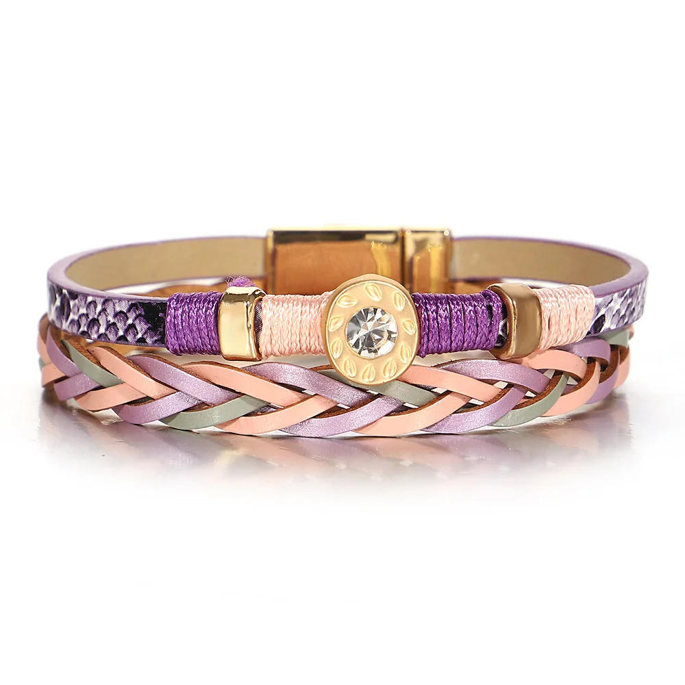 ALLYES Boho Coloful Rope Braided Leather Bracelet for Women Vintage Inlaid Rhinestone Multilayer Wrap Bracelets Jewelry Gifts