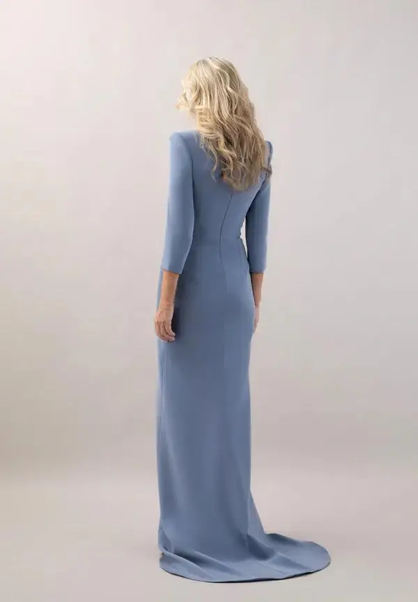 Customized Suit Collar Wedding Guest Evening Dress 3/4 Sleeve Beaded Column Wedding Party Attire Blue Satin Long Formal Outfit
