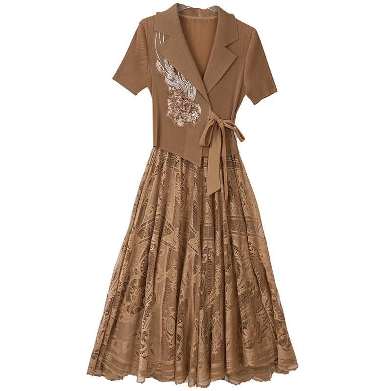 Miyake robe plissée 2025 été costume col à la mode mi-longue jupe taille cintrée minceur élégante jupe plissée