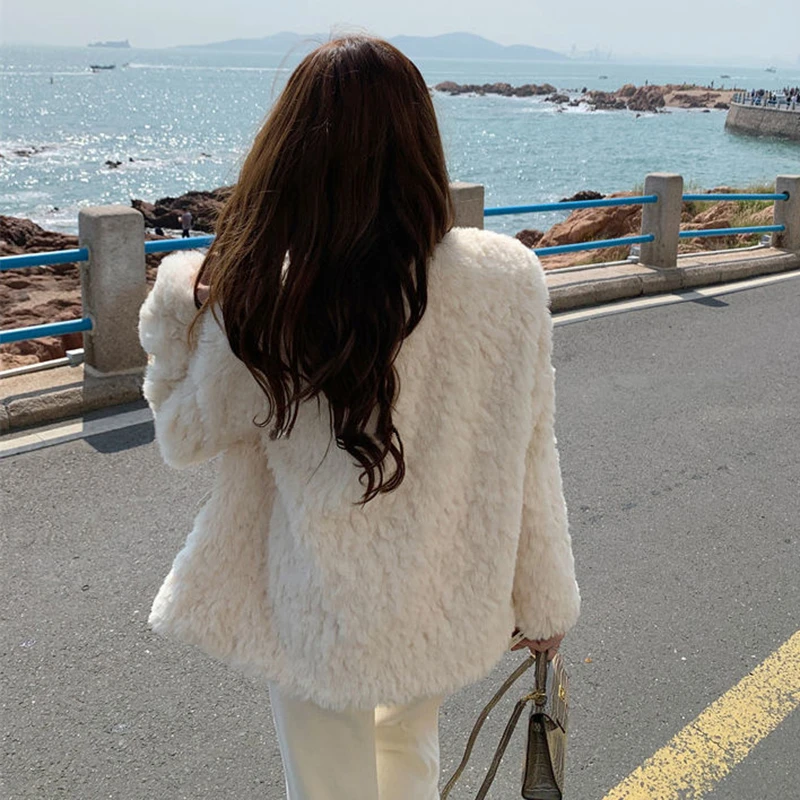 Rimocy Winter Round Neck Lamb Wool Jacket Women Korean Fashion Single Breasted Faux Fur Coats Woman Warm White Fluffy Coat Mujer