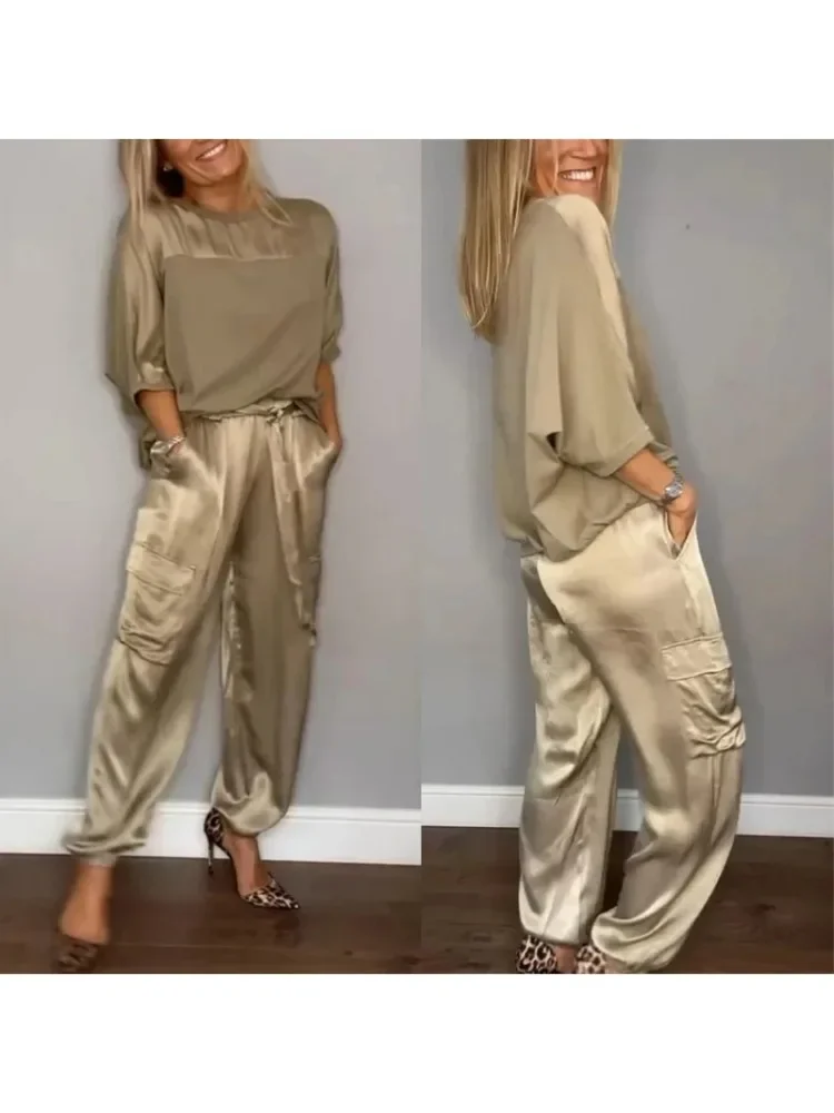 Women Spring Summer Fashion Solid Color Satin Two Piece Set Round Neck Long sleeved Top Long Pants Casual Loose Two Piece Set