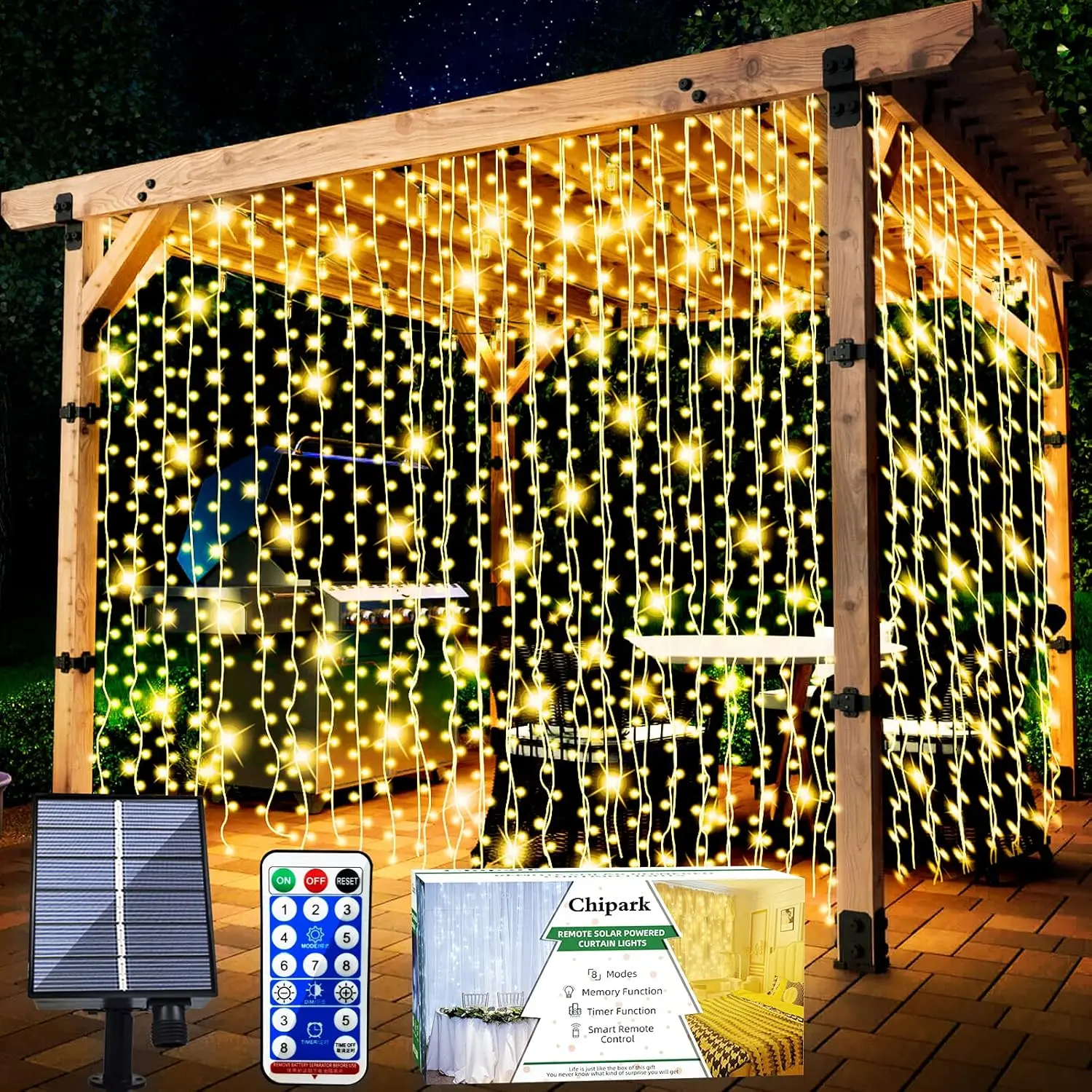 Solar Curtain Lights,Fairy Lights 300 LED Remote Control Waterproof for Gazebo Patio Party Christmas Fairy Garland String Lights