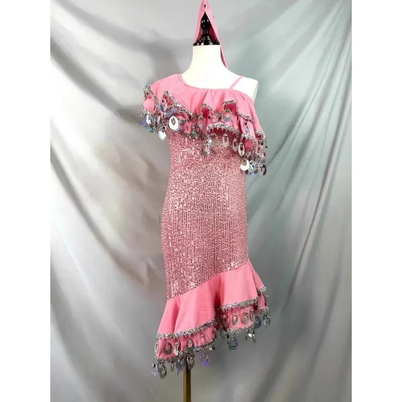 Kostium do tańca brzucha, cekinowa różowa orientalna spódnica Melaya, strój na zamówienie do występów i konkursów dla dorosłych i młodzieży.