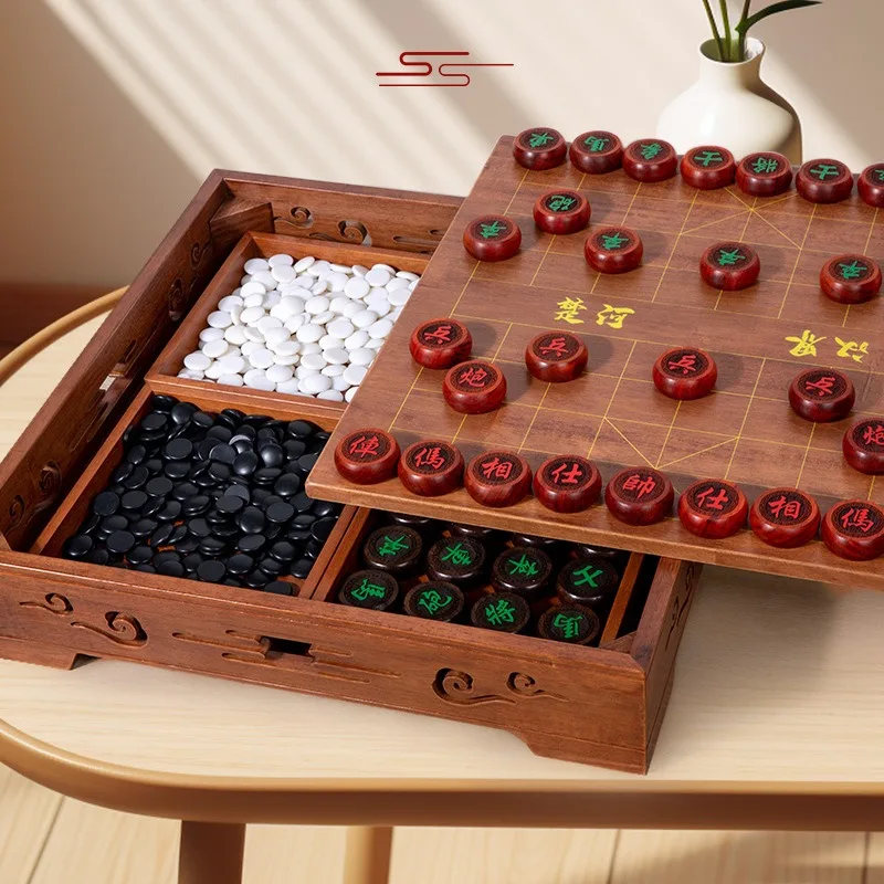 Solid wood two-in-one chessboard chess pier mahogany Chinese chess Go backgammon gift