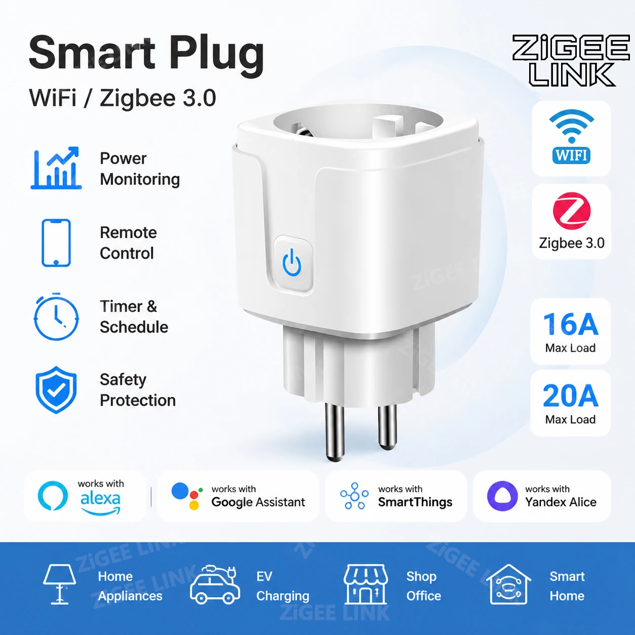 WiFi Zigbee3.0 EU Smart Plug Smart Socket With Power Monitor & Timing Function APP Remote Voice Control Compatible Alexa Google